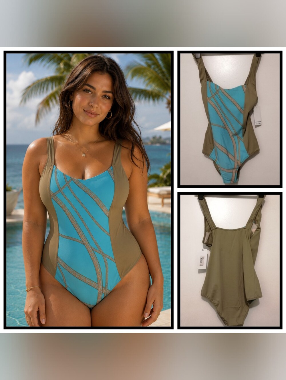 Pierre Cardin Blue Orange Olive Greek Pattern One-Piece Swimsuit
